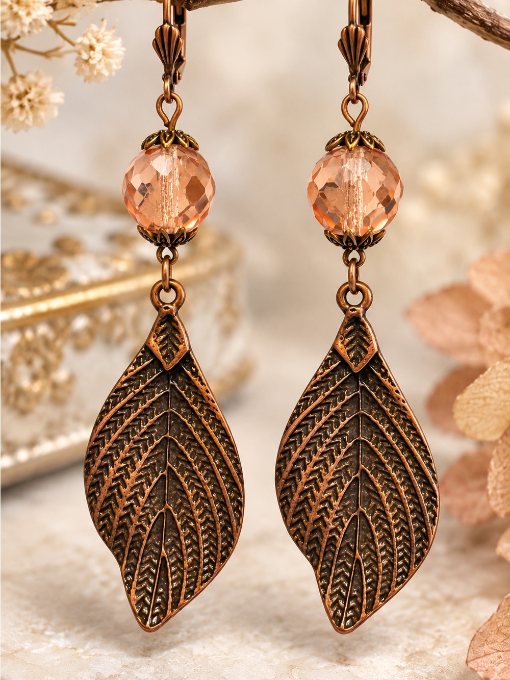 Handmade Czech Glass Copper Leaf Vintage Statement Earrings